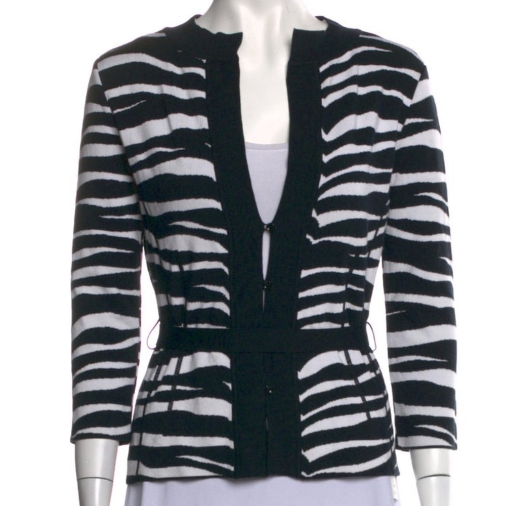 Valentino Zebra Print Tie Front Cardigan Sweater Black White European Designer